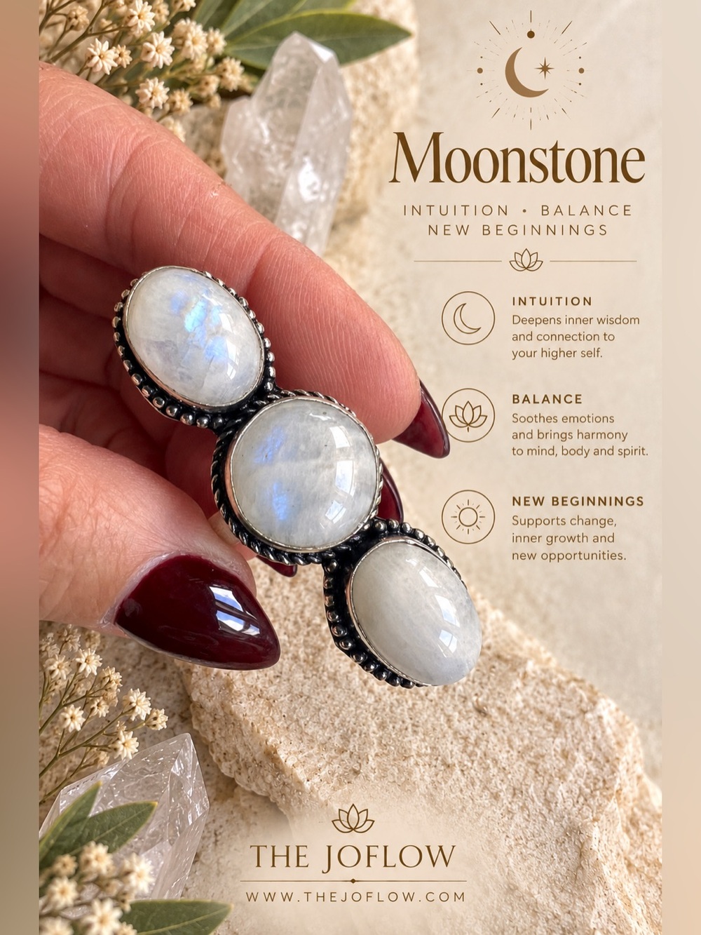 925 Triple Moon! Rainbow Moonstone Ring 6.5
